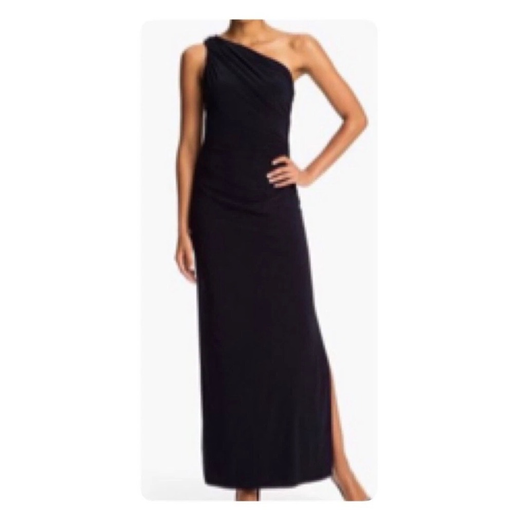 XSCAPE Womens Navy Blue One Shoulder High Slit Evening Gown Maxi Dress Size 12